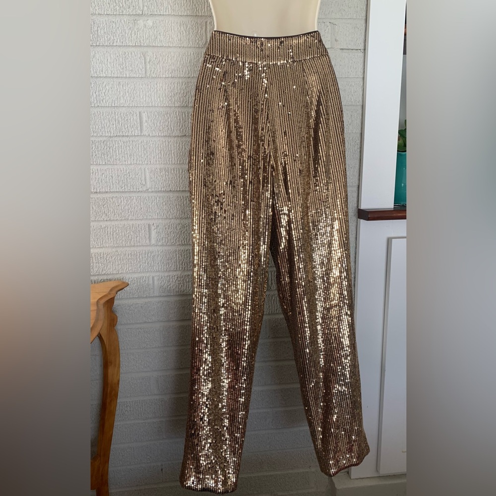 Banana Republic Wms Sz 0 Straight Leg Gold Sequin Holiday Party Pants Lined EUC - Picture 2 of 12